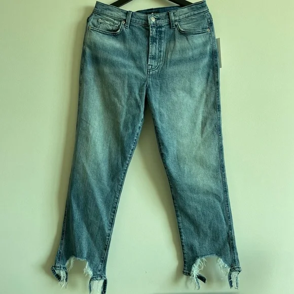 7 FOR ALL MANKIND High-Waist Cropped Straight Jeans w/ Chewed Hem